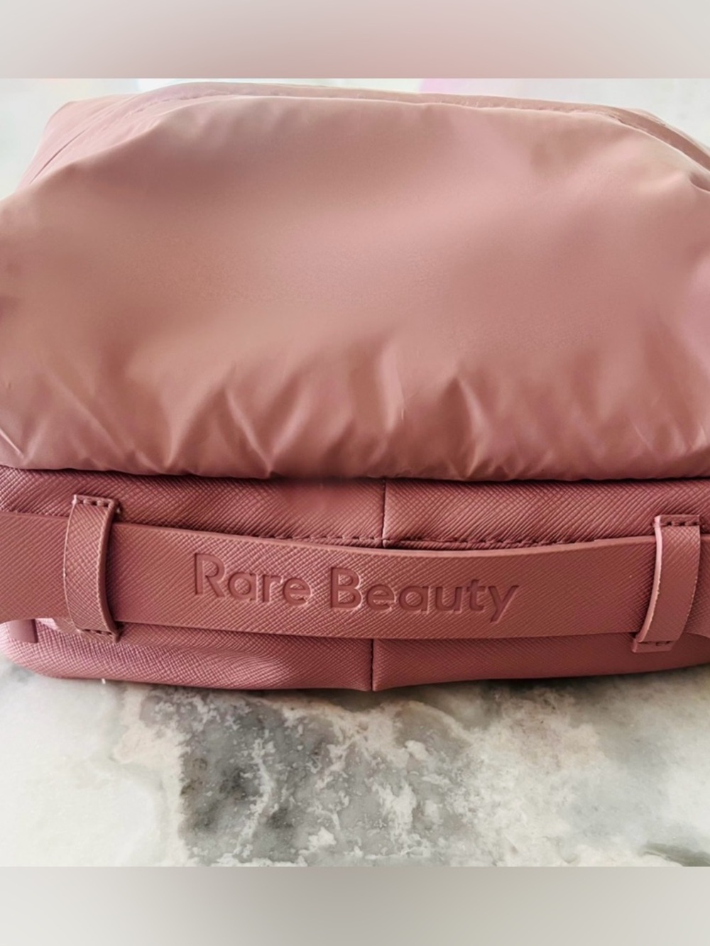 RARE BEAUTY blush pink nylon cosmetic case with top handle